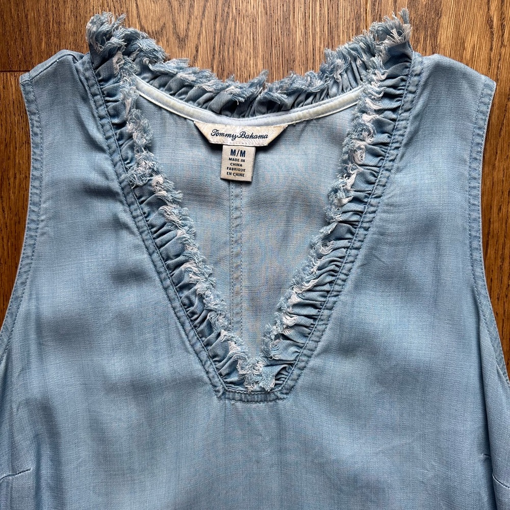 Tommy Bahama Chambray Ruffle Shift Dress, Light Blue, Medium - Picture 2 of 9